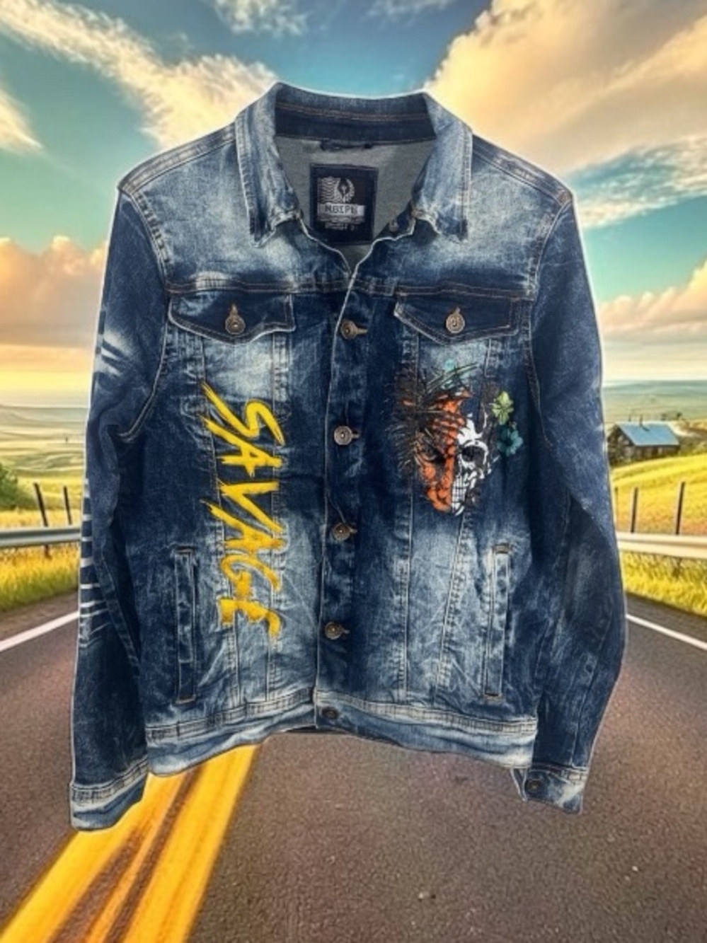 Black Pike "Savage" graphic denim trucker jacket